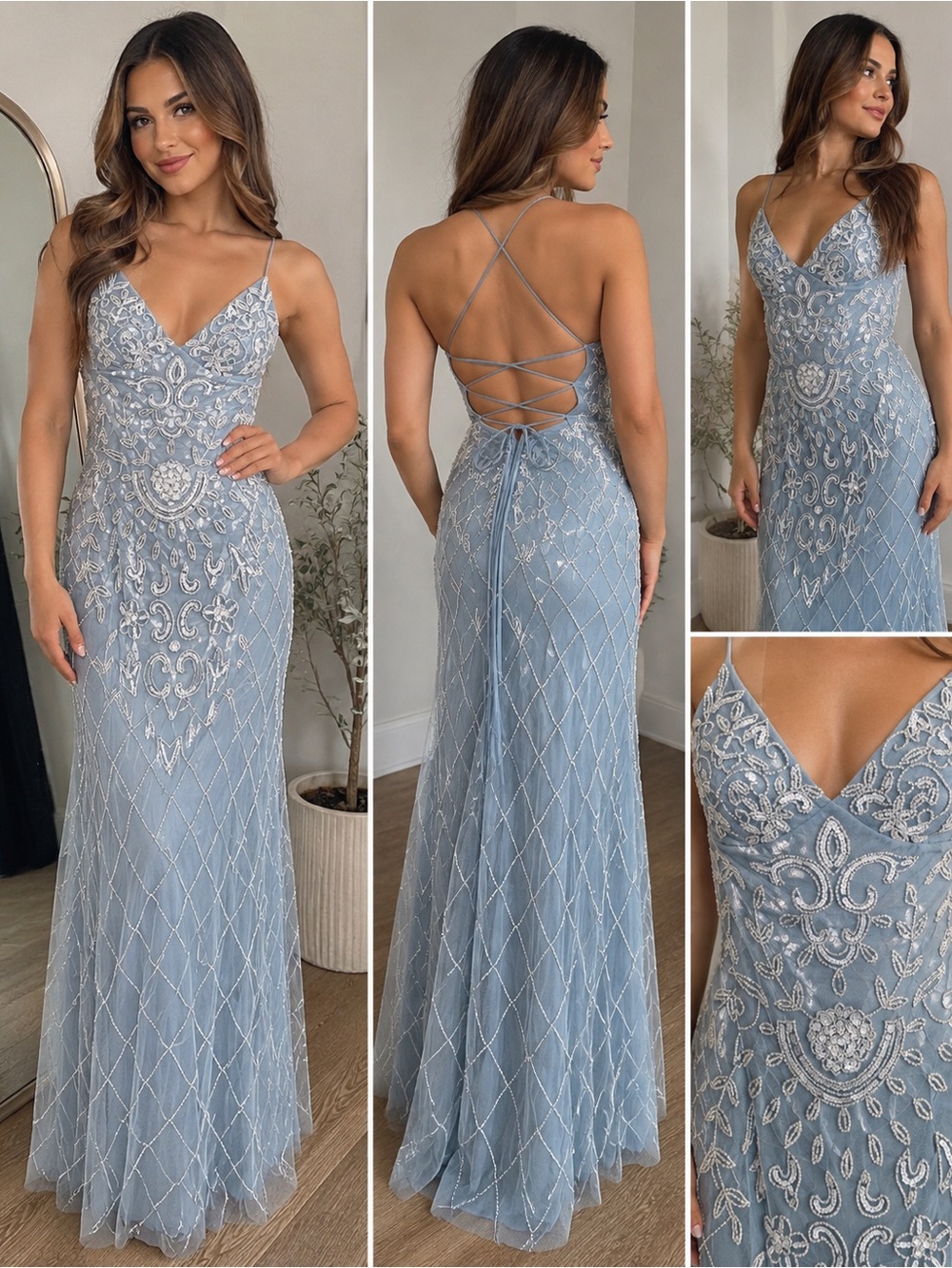 JUMP Apparel Blue Beaded Sequin Lace-Up Maxi Dress Size 9/10 NWT